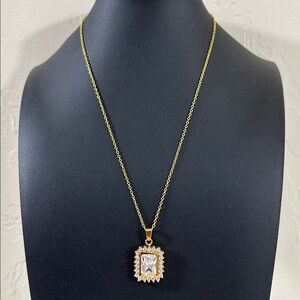Rectangular Cubic Zirconia Stone W/ Smaller CZ’s Pendant 925 SP Necklace